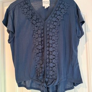 New York Laundry Navy Blue Crochet-Front Tie Blouse